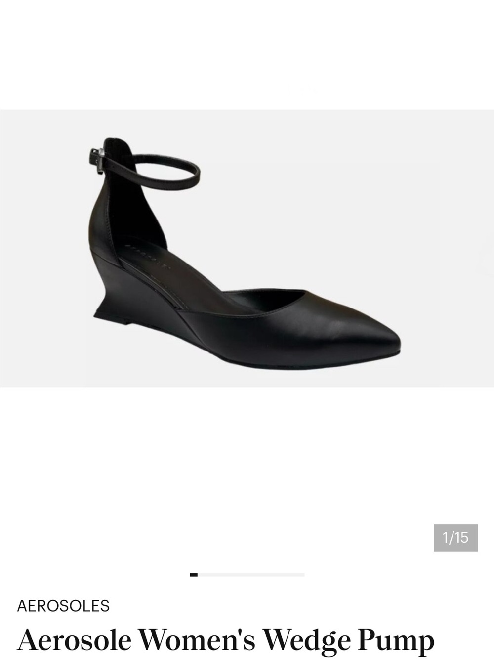 AEROSOLES Black Pointed toe Sculptured Wedge Pump with Ankle Strap